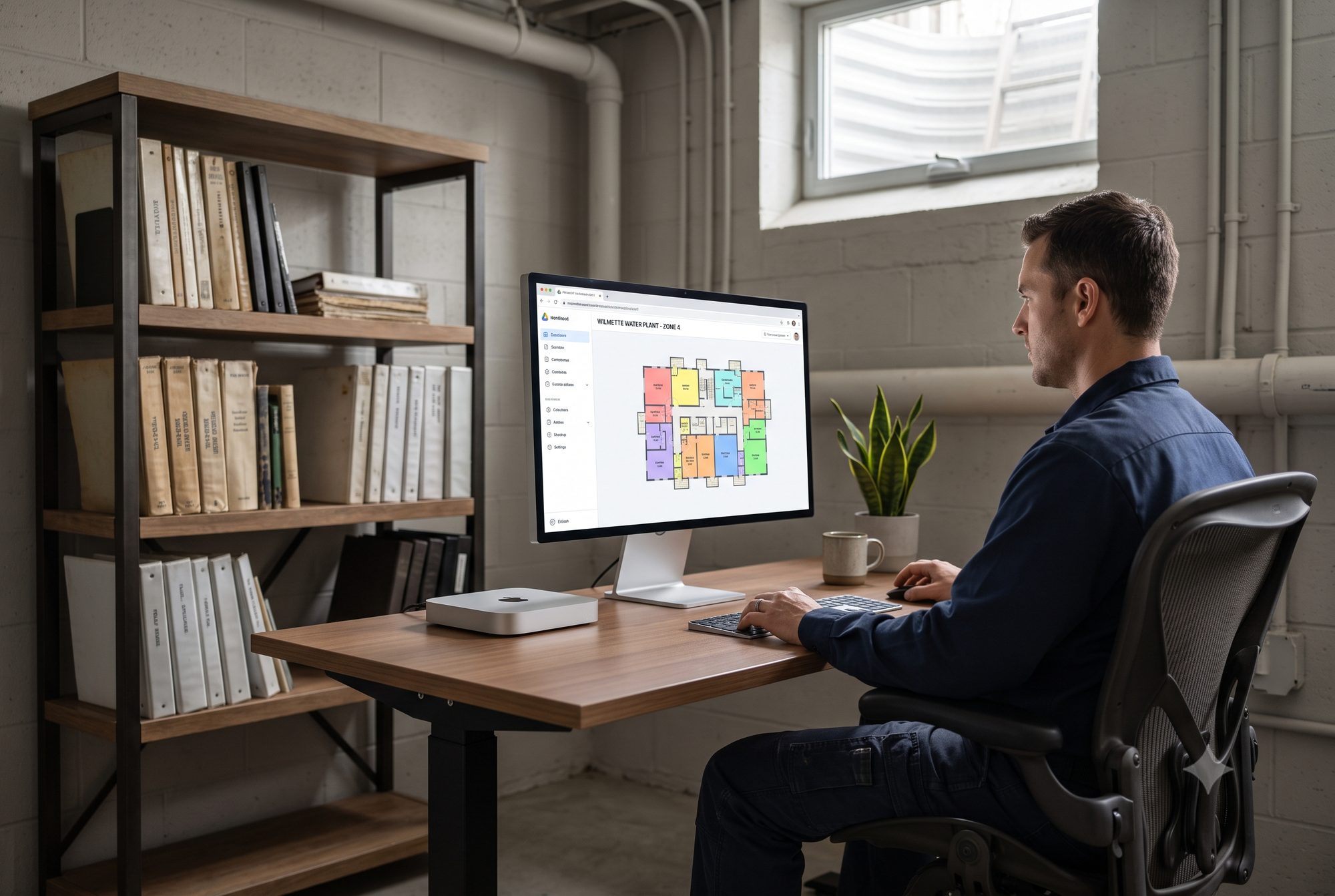 Facility engineer at a desk reviewing live floor-plan graphics on a Tron Station