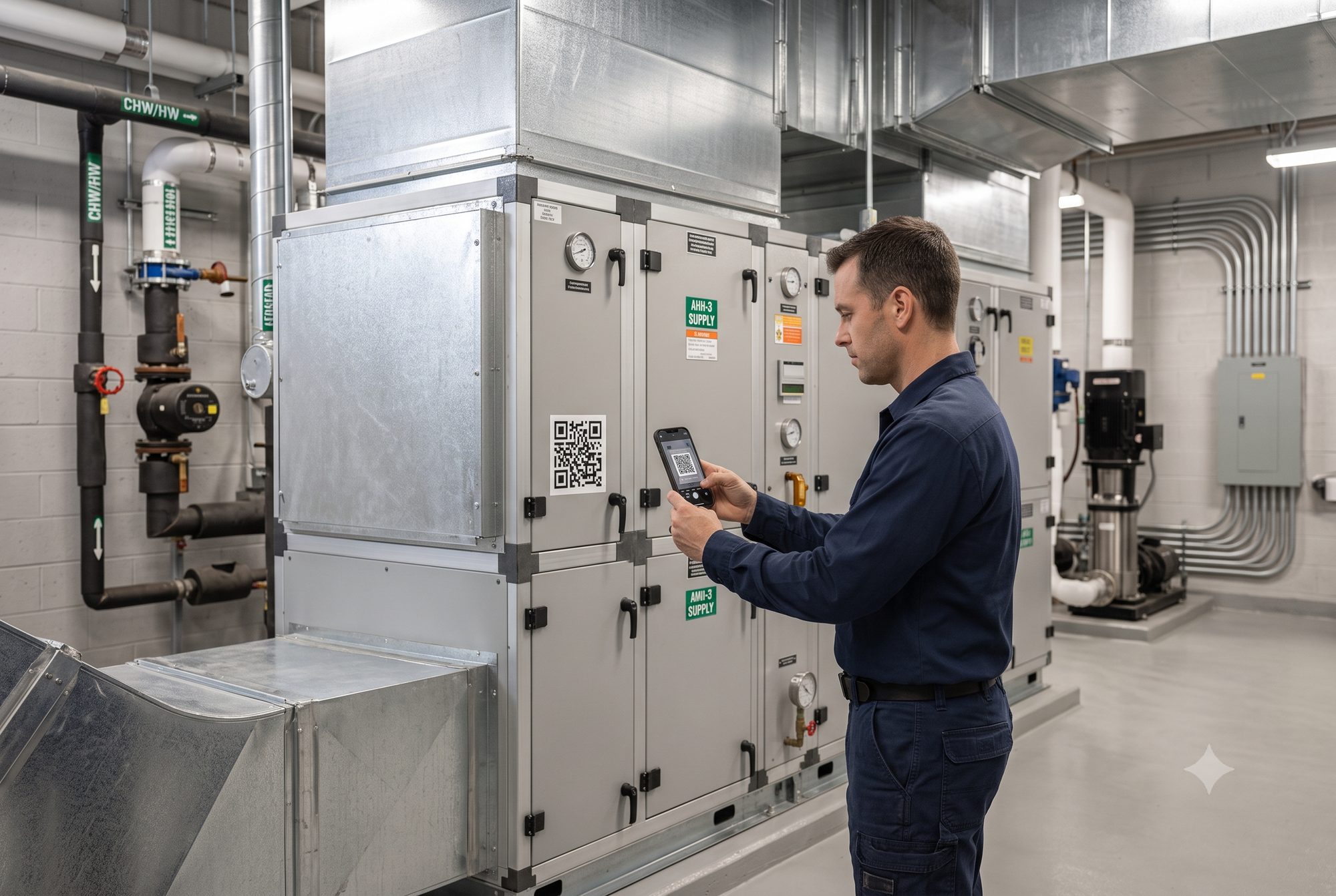 Technician in a mechanical room scanning an air handler's QR code with a phone